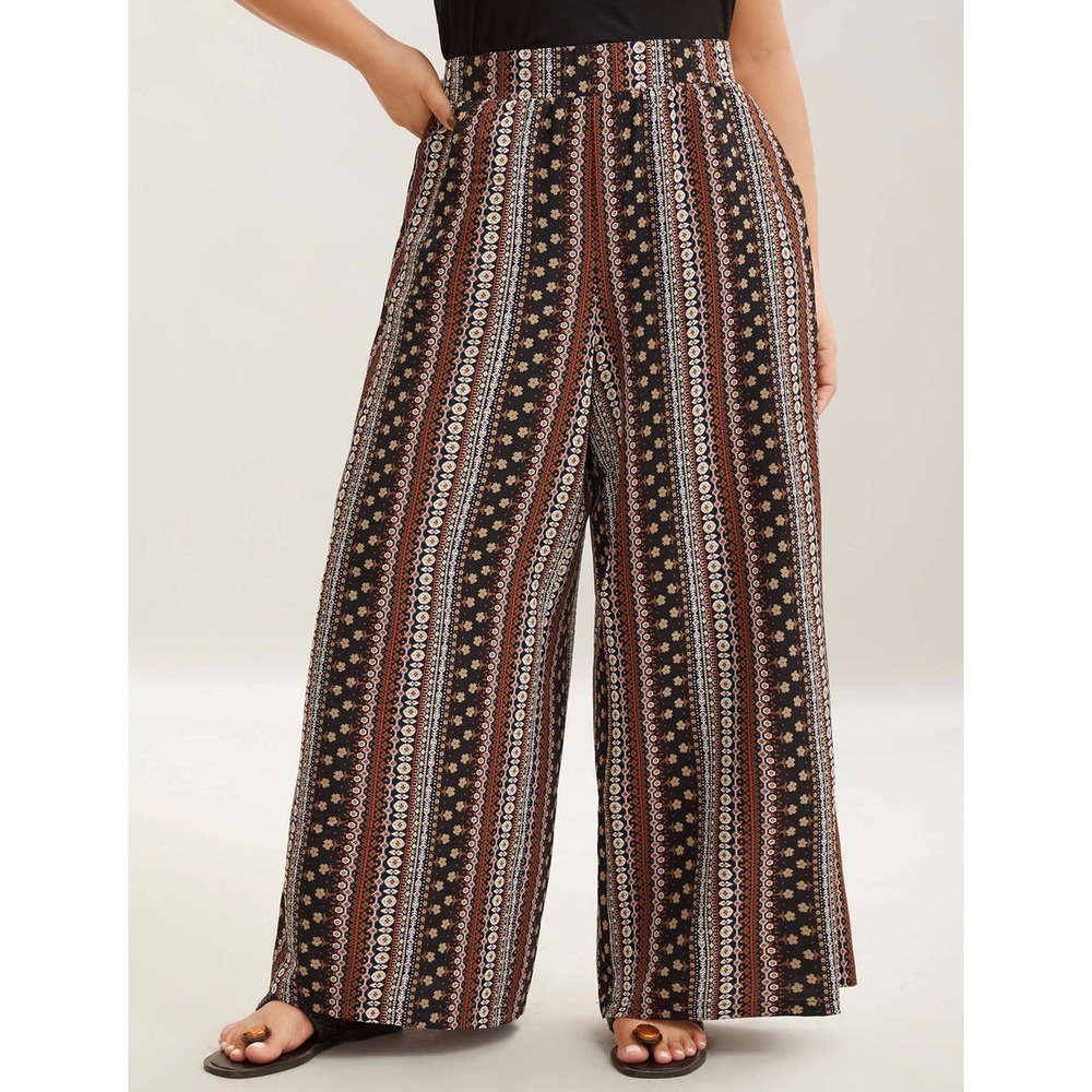 Bloomchic Boho Geometric Pattern Wide-Leg Pants Plus Size 2X 18-20 Black Brown